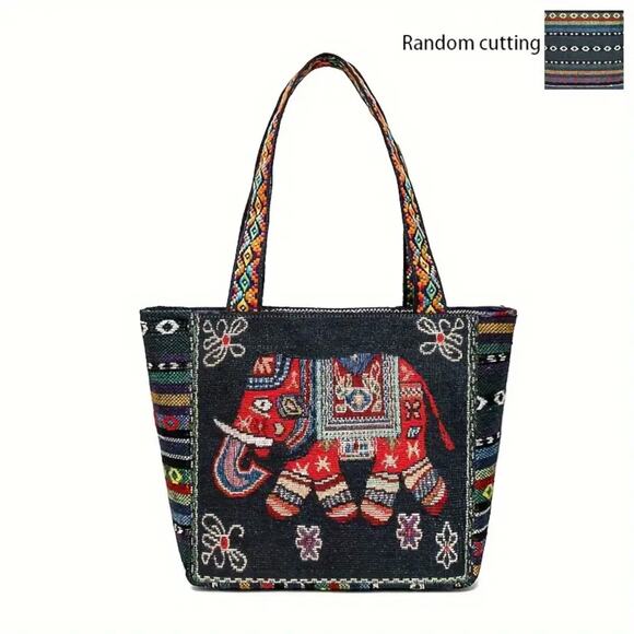 Black Elephant Embroidered Tote Bag Jacquard Fabric Boho - Picture 2 of 13
